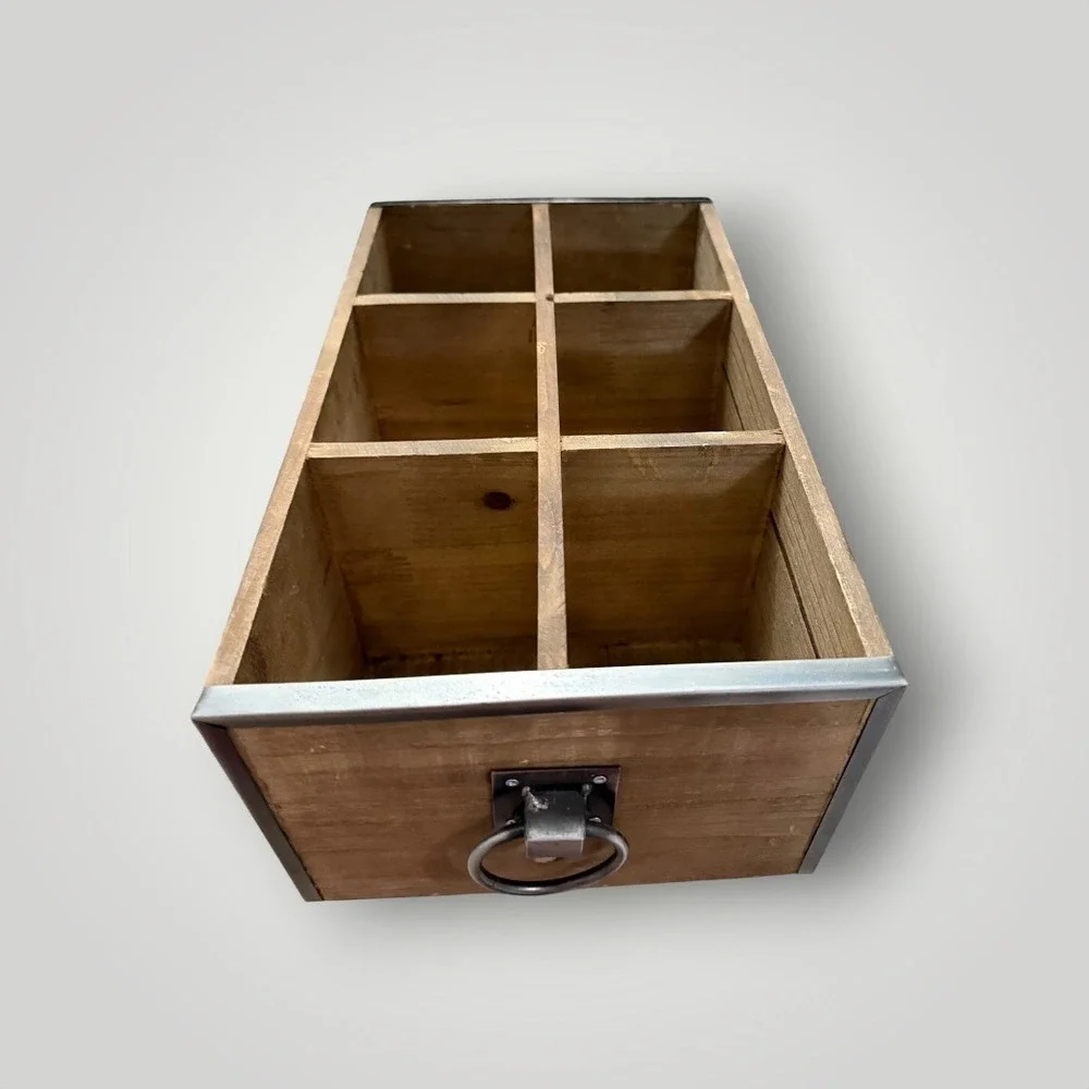 Standard General Store Organizer Box Brown Wood 6-Slot Rustic Metal Apothecary